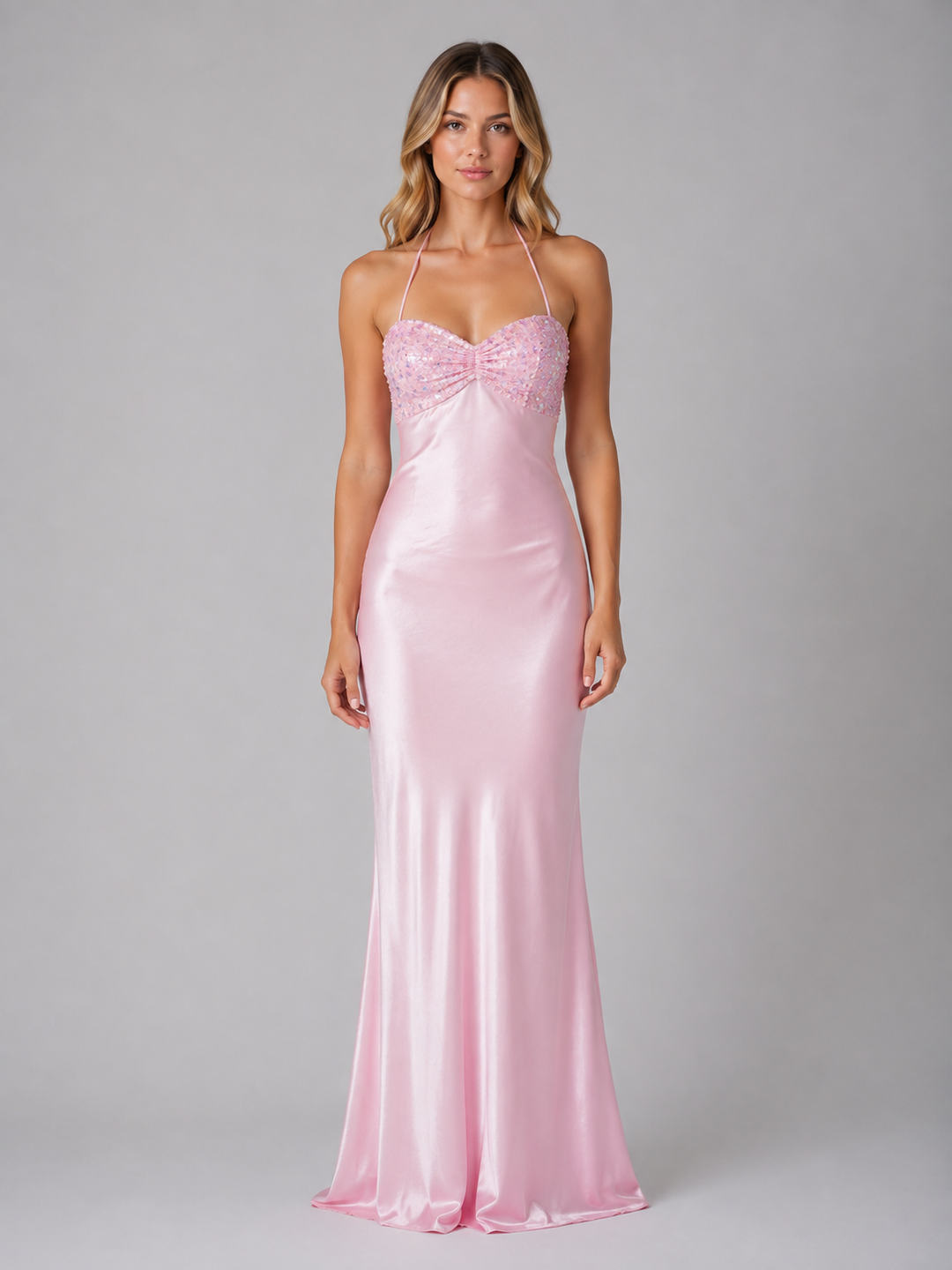 Sequin Bodice Satin-Feel Halter Maxi Dress for Women – Lace-Up Back in Pink
