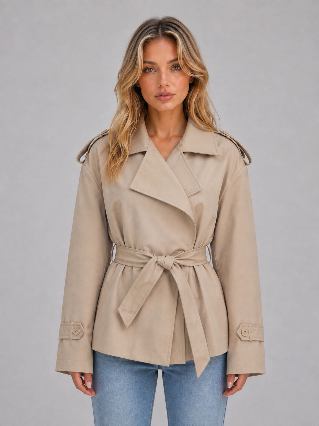 Short Double-Breasted Trench Coat for Women – Wide Lapels, Epaulettes, Tie Belt
