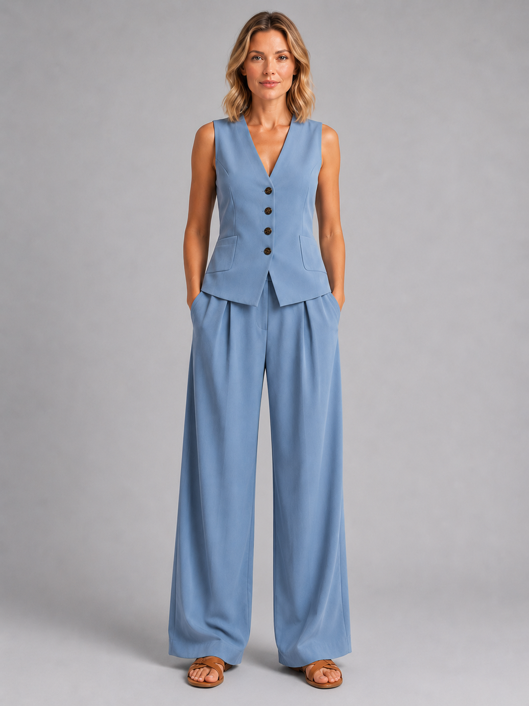 Sleeveless Waistcoat and Wide-Leg Pants Set for Women – Linen-Style Fabric, Button Front