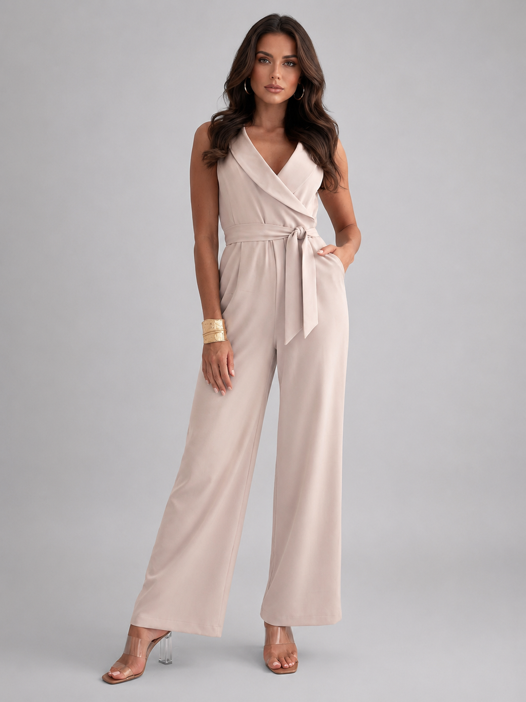 Sleeveless Wide-Leg Jumpsuit for Women – V-Neck, Adjustable Tie Waist, Stretch Fabric