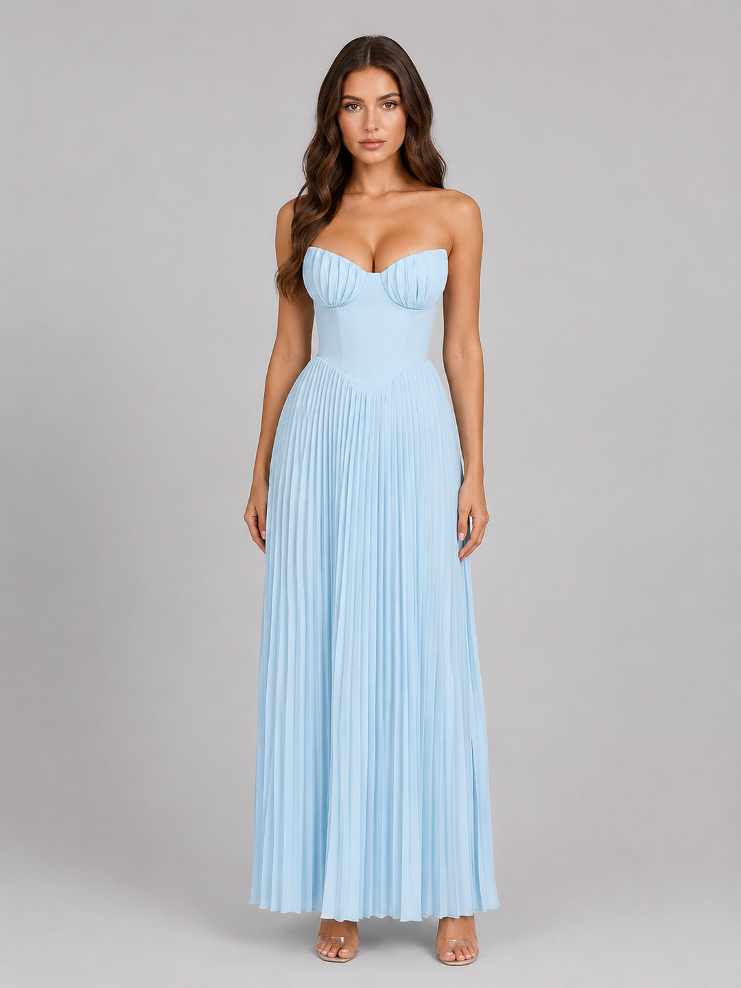 Strapless Pleated Maxi Dress for Women – Sweetheart Neckline, Structured Bodice in Light Blue