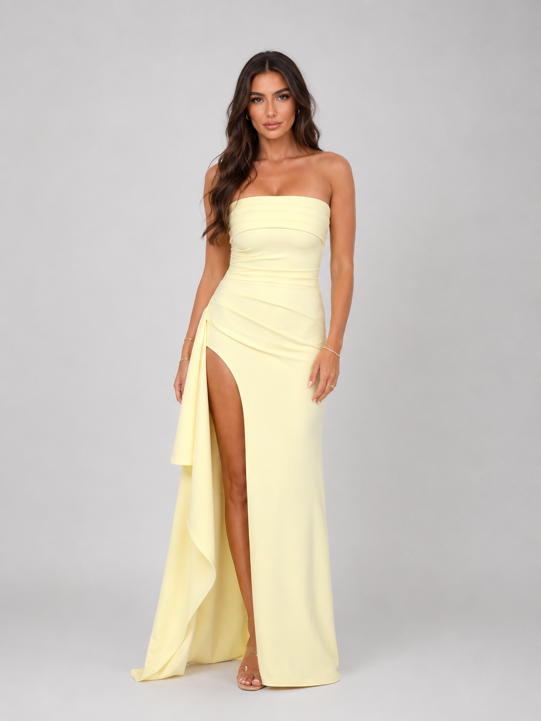Strapless Ruched Maxi Dress for Women – High Thigh Split, Soft Stretch Fabric