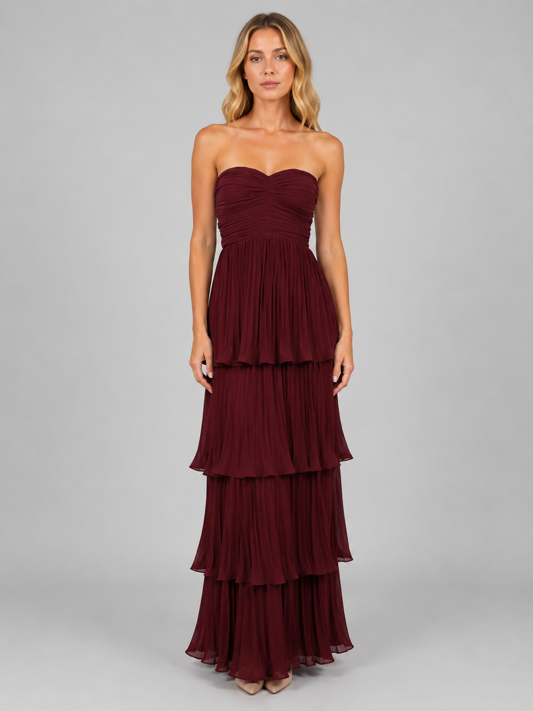 Strapless Tiered Maxi Dress for Women – Sweetheart Neckline, Ruched Bodice in Burgundy