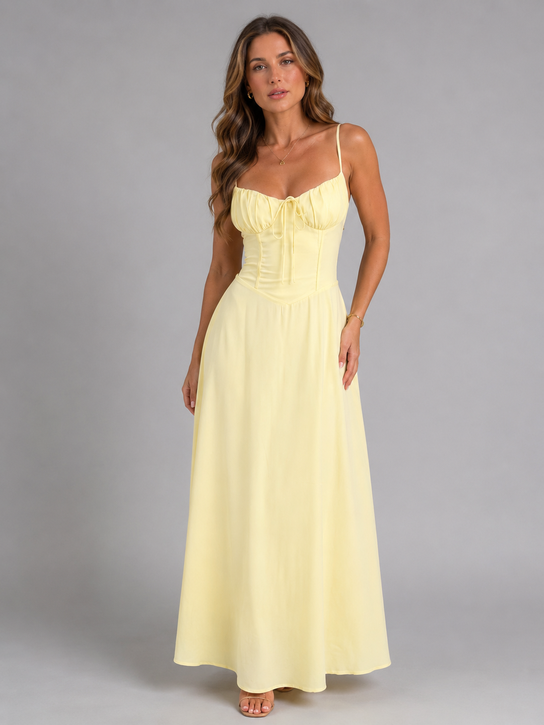 Strappy Corset-Style Maxi Dress for Women – Gathered Bust, Fitted Bodice, Flowing Skirt