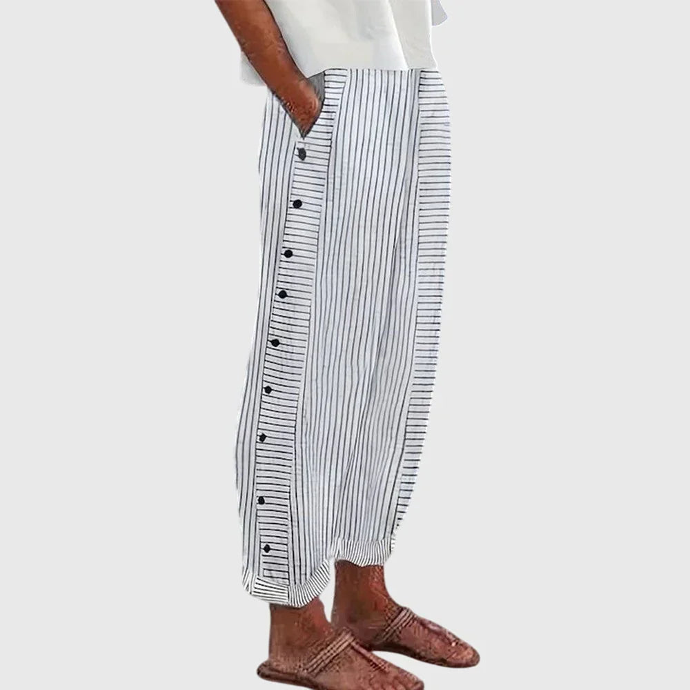 Striped Wide-Leg Pants for Women – Vertical Stripes, Button Accent, Elastic Waist