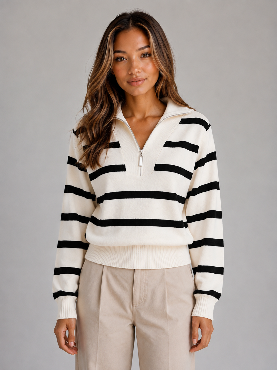 Striped Half-Zip Knit Sweater for Women – Fold-Over Collar, Ribbed Cuffs and Hem