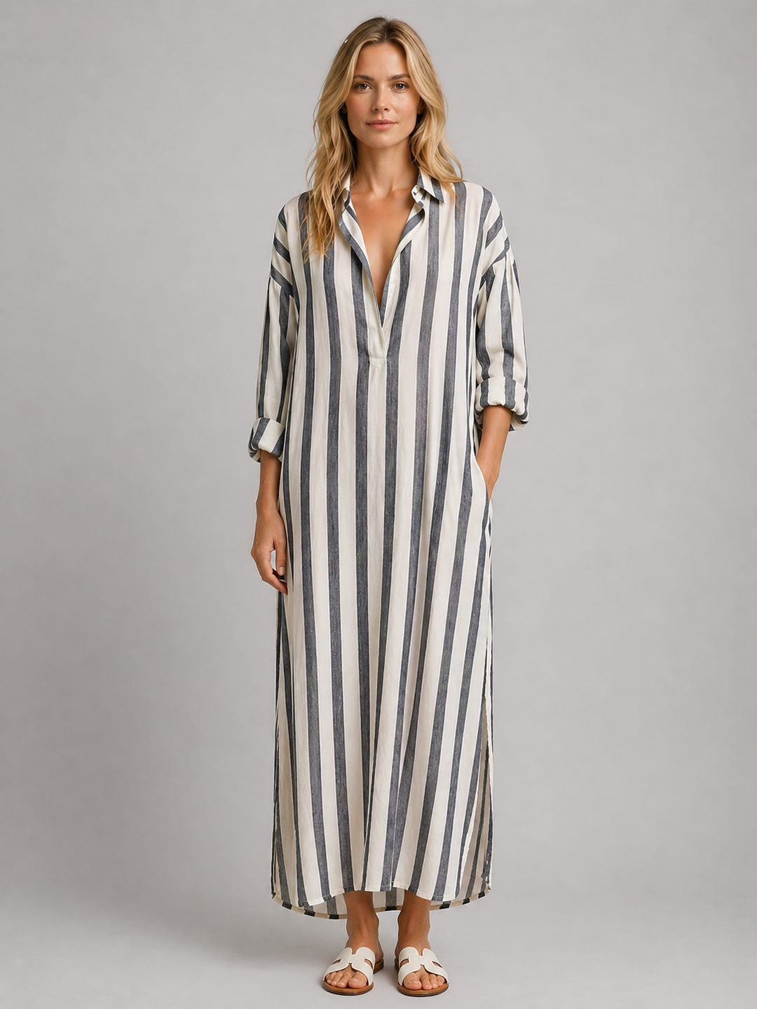 Long Vertical Stripe Shirt Dress for Women – Loose Fit, Rolled Sleeves, Side Pockets
