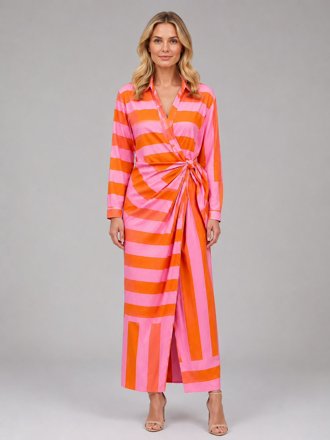 Striped Twist-Knot Midi Shirt Dress for Women – Collared Neckline, Three-Quarter Sleeves