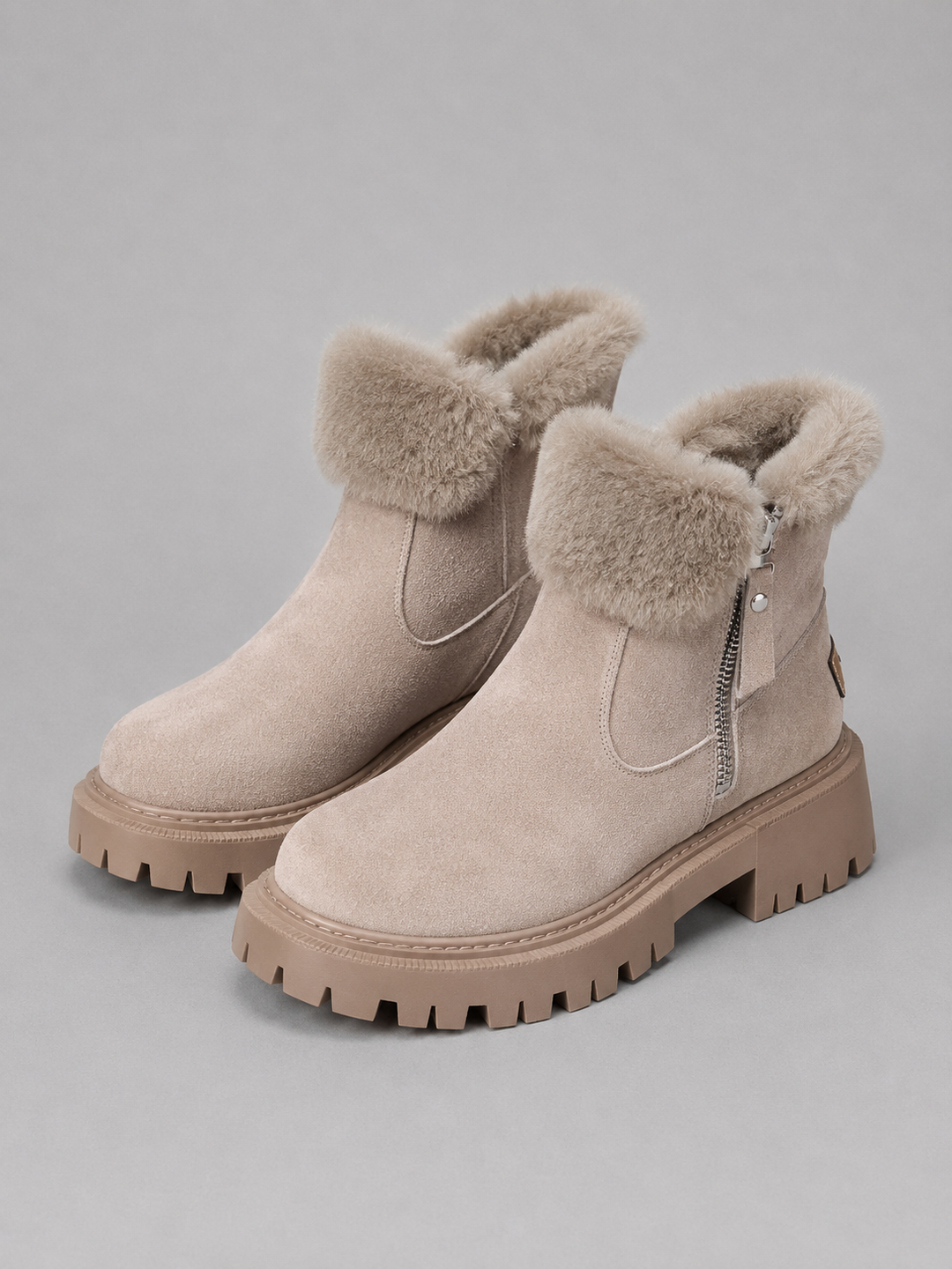 Faux Suede Ankle Boots for Women – Faux Fur Lining, Side Zip, Chunky Lug Sole