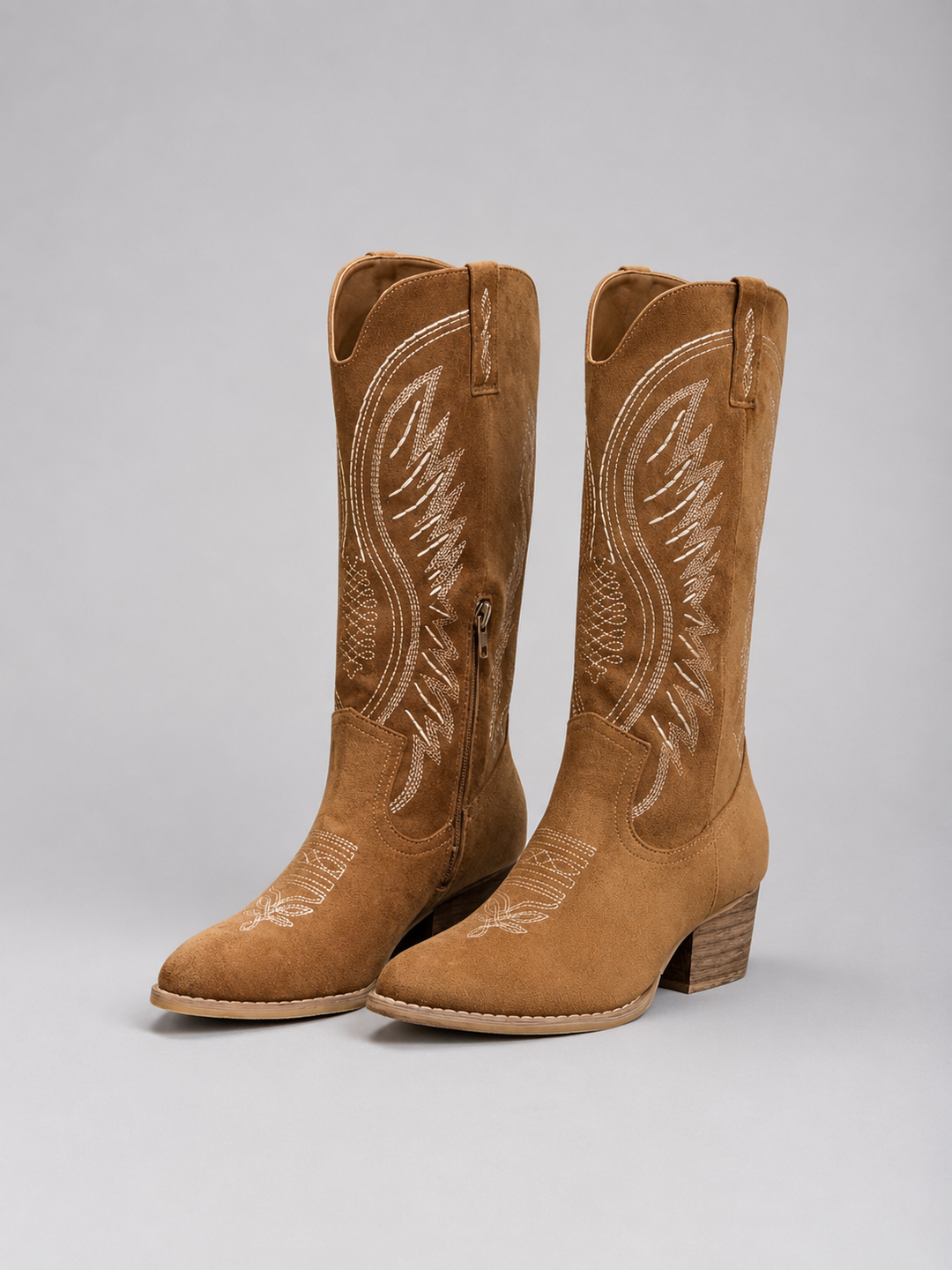 Faux Suede Knee-High Cowboy Boots for Women – Western Stitching, Block Heel, Pull-On