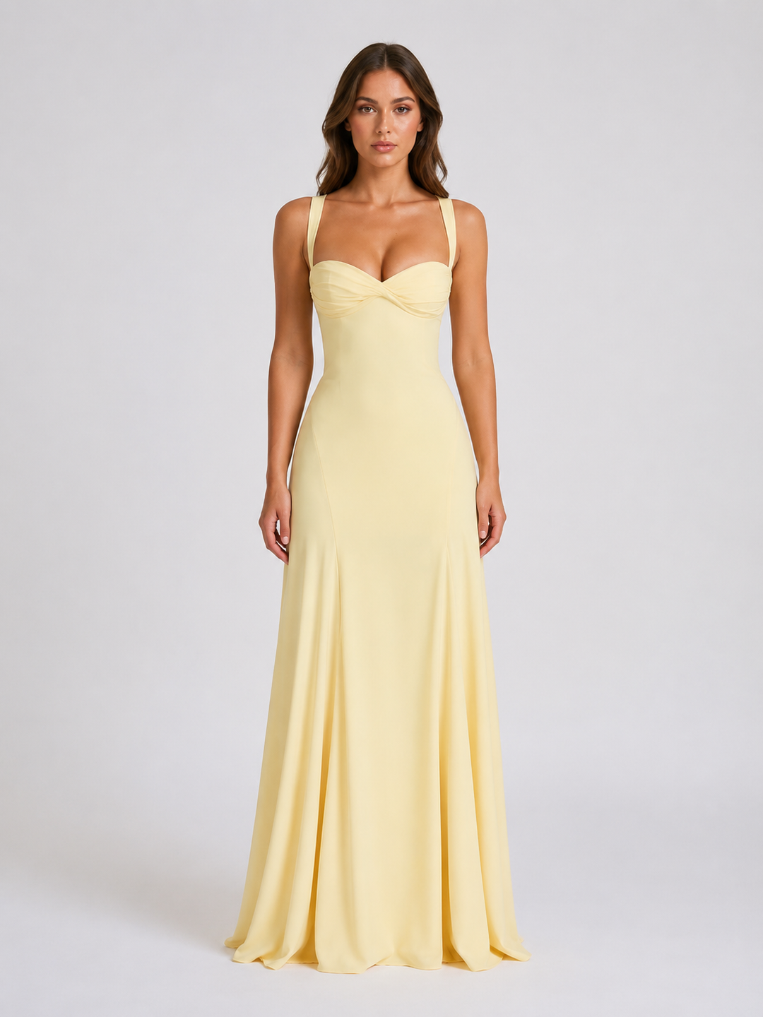 Sweetheart Neck Maxi Dress for Women – Fitted Bodice, Delicate Straps in Yellow