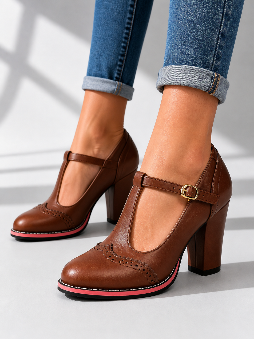 Faux Leather T-Bar Brogue Heels for Women – Adjustable Buckle, Stable Block Heel