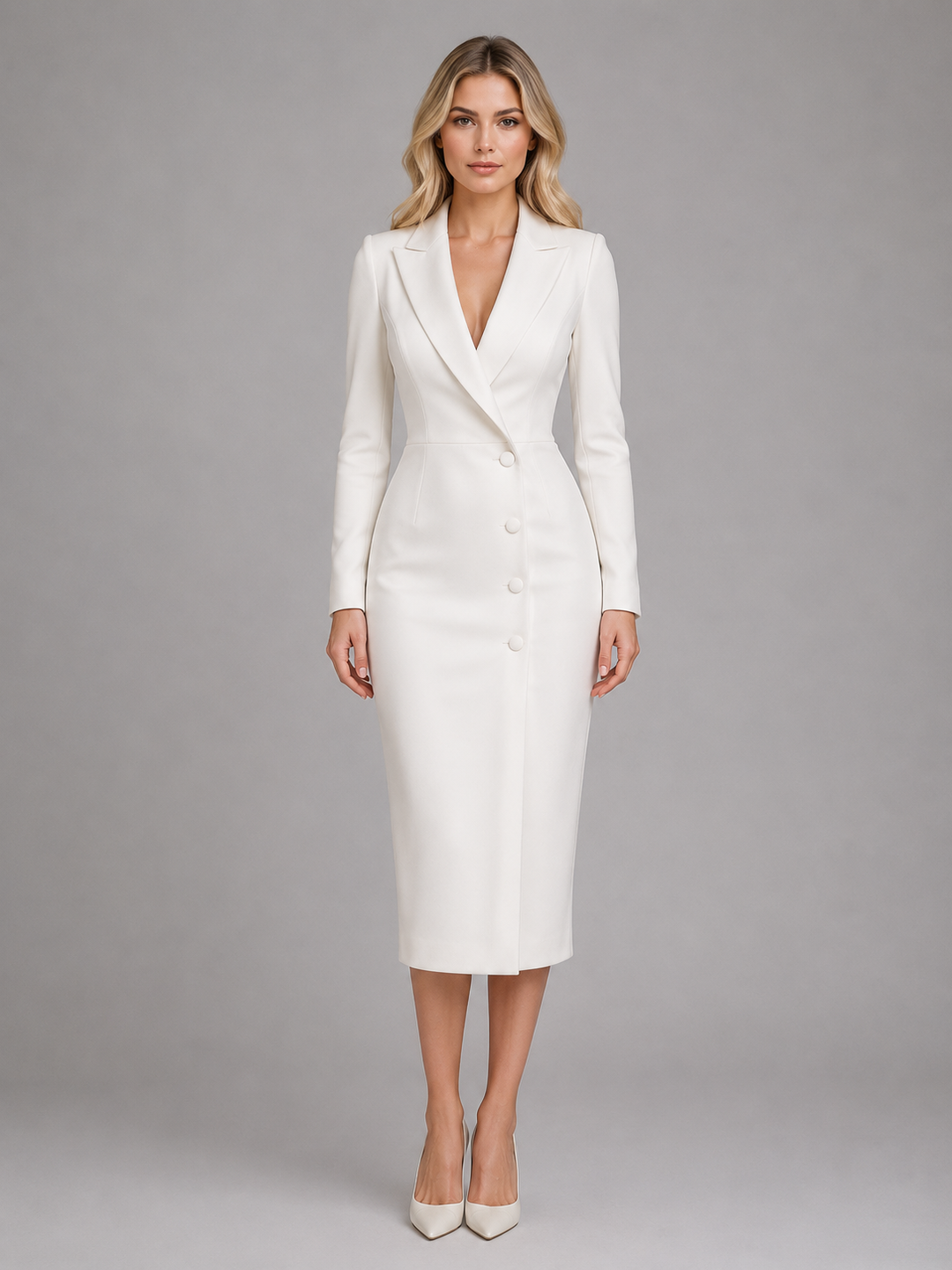Blazer-Style Midi Dress for Women – Lapel Neckline, Button Front, Long Sleeves