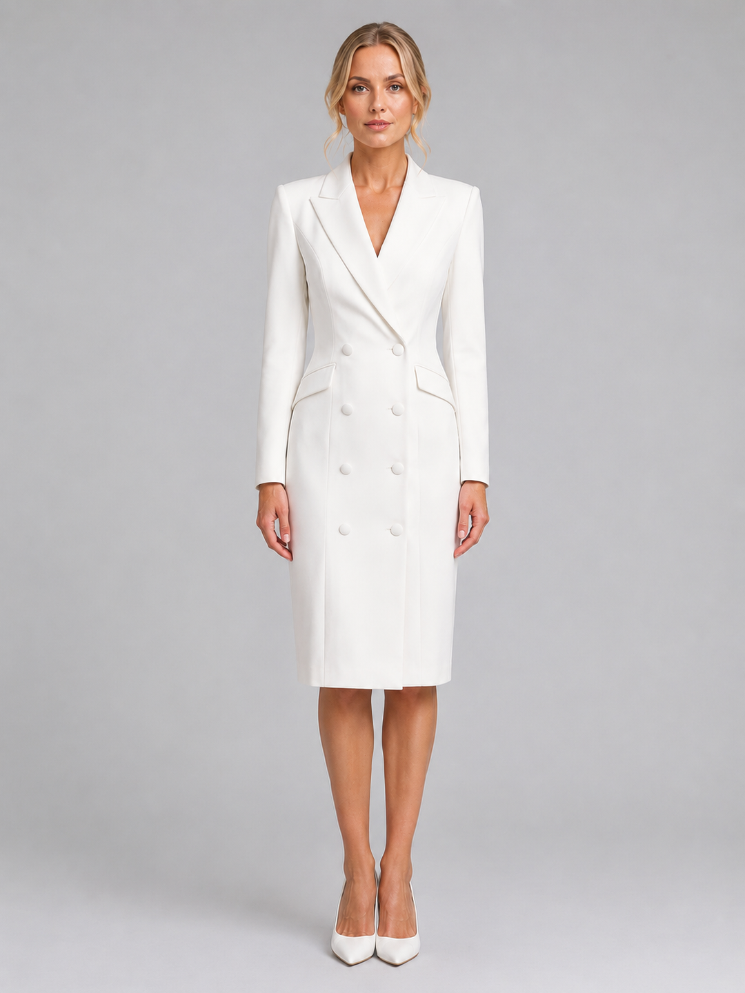 Double-Breasted Blazer Midi Dress for Women – Long Sleeves, Tailored Waist