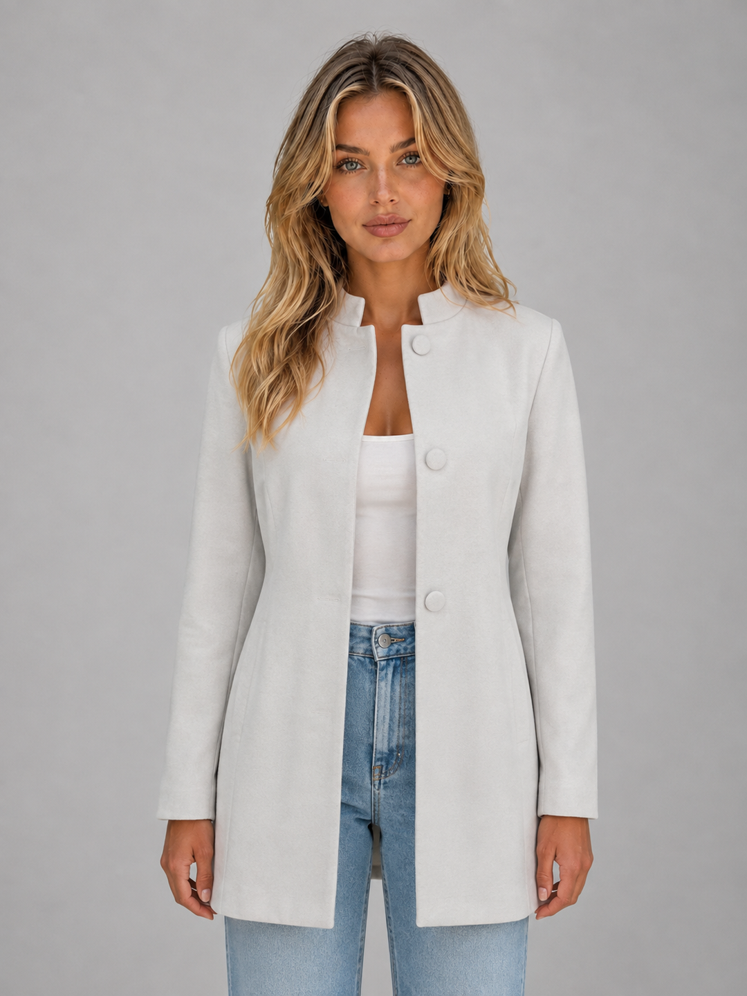 Longline Tailored Coat for Women – Covered Button Front, Structured Neckline