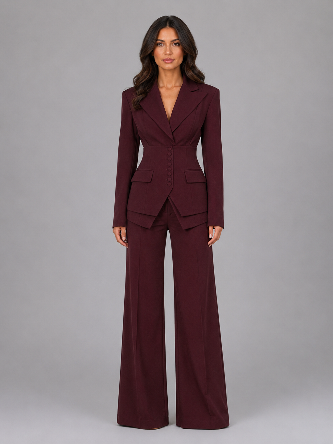 Tailored Blazer and Wide-Leg Pants Set for Women – Cinched Waist, Peaked Lapel