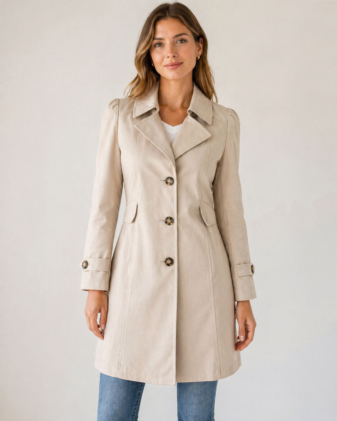 Short Button-Up Trench Coat for Women – Tailored Silhouette, Lightweight Cotton Blend Fabric