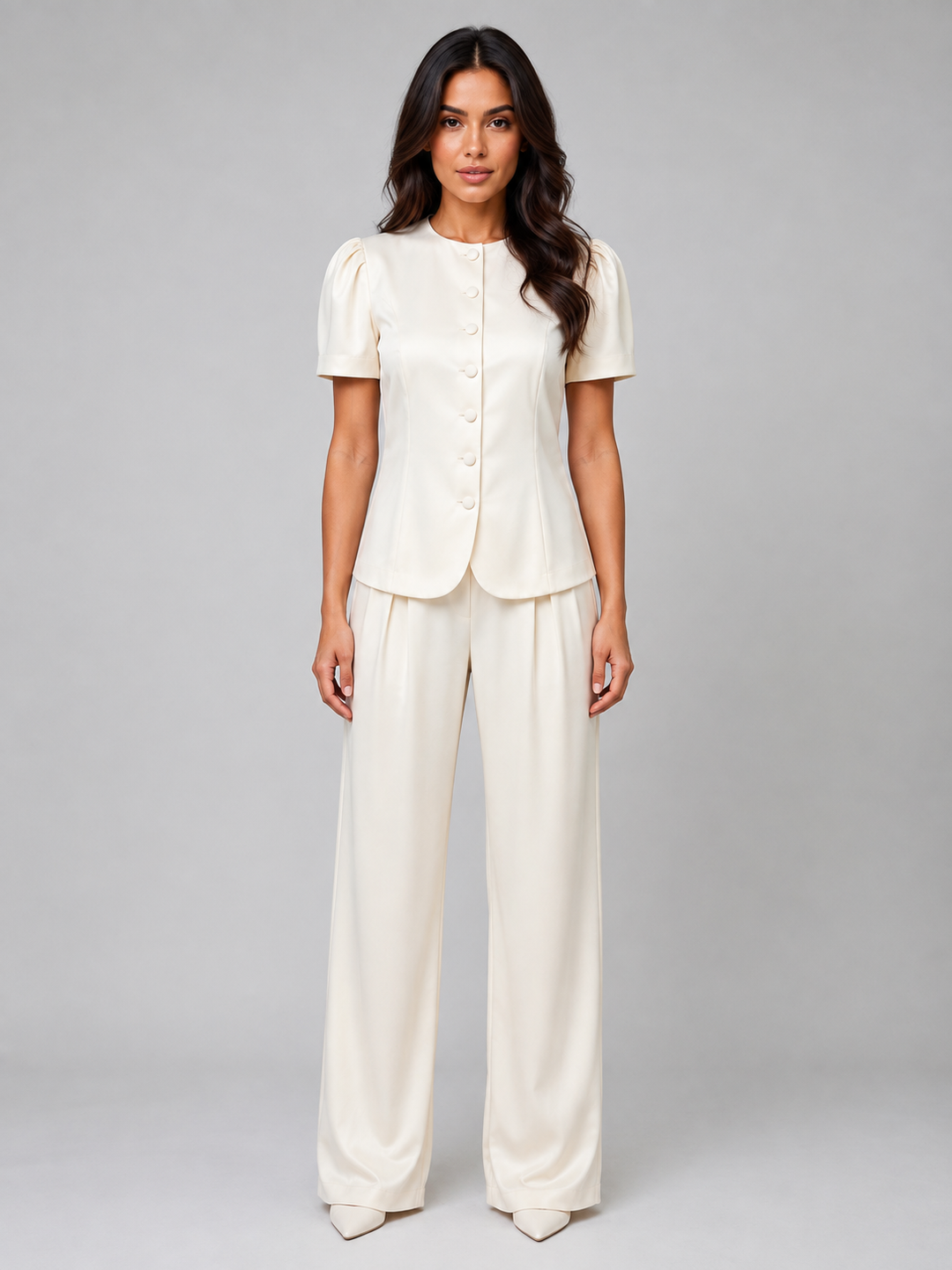 Women's Short Sleeve Blazer and Wide-Leg Pants Suit – Puff Shoulders, Covered Buttons