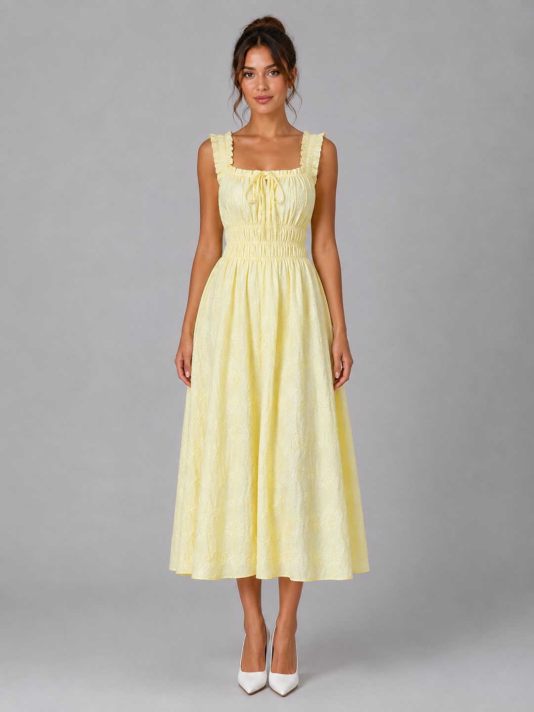 Textured Floral Midi Dress for Women – Square Neckline, Shirred Waist, Front Bow