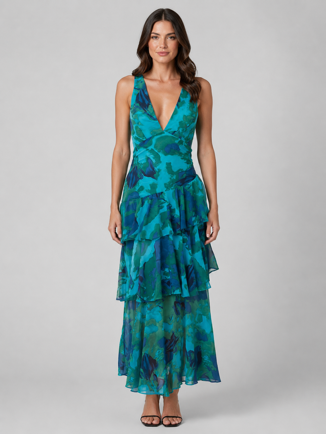 Tiered Ruffle Deep V-Neck Maxi Dress for Women – Fitted Bodice, Layered Skirt