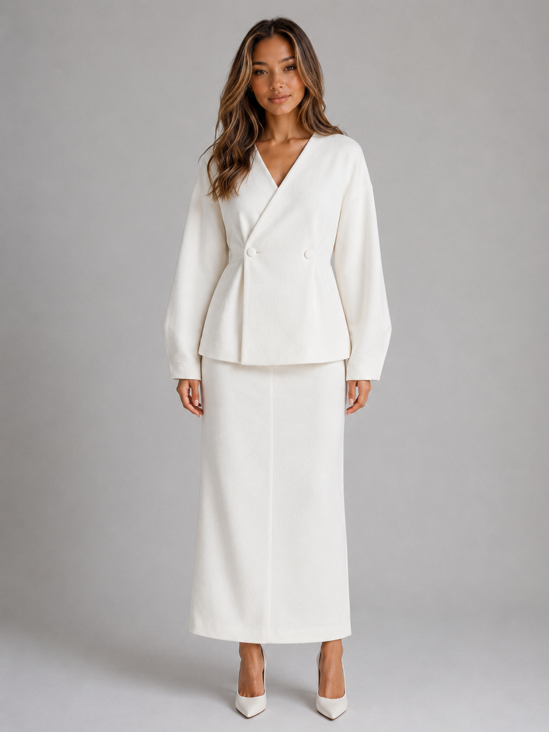 Two-Piece Peplum Jacket and Maxi Pencil Skirt Set for Women – Deep V-Neck