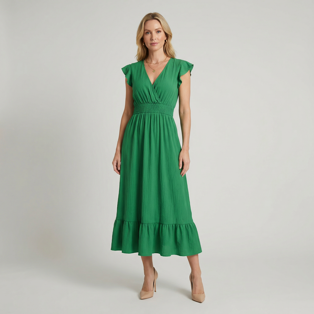 V-Neck Shirred Waist Midi Dress for Women – Soft Flowing Shape, Lightweight Comfort