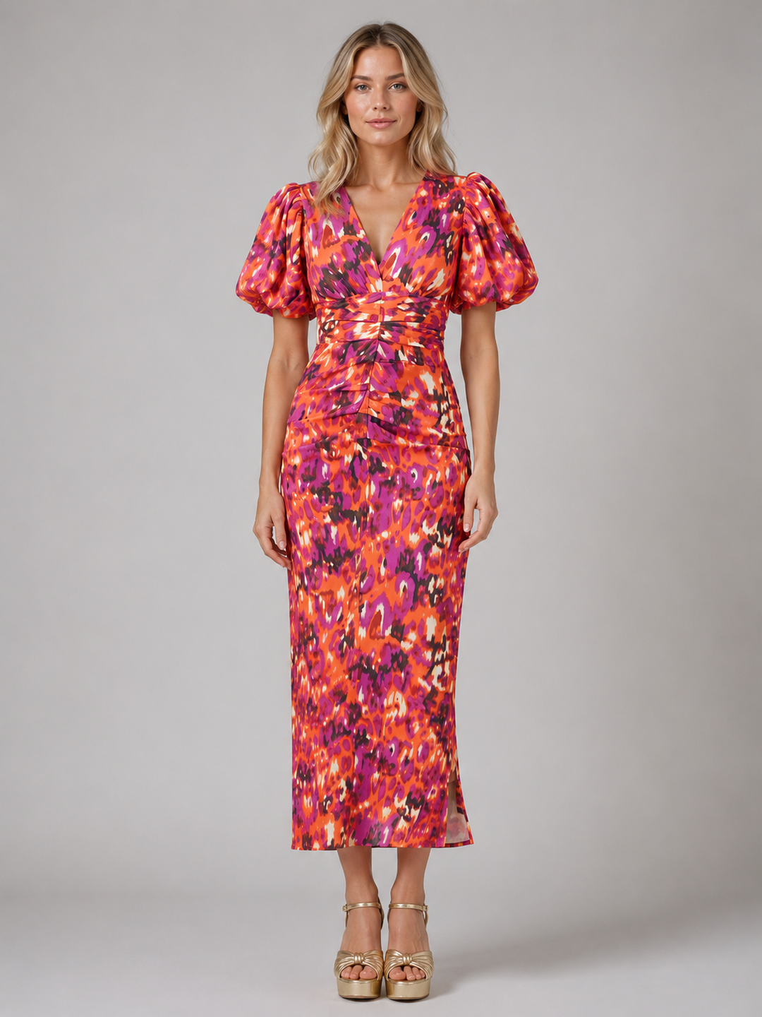 V-Neck Puff Sleeve Midi Dress for Women – Bold Print, Fitted Waist, Lightweight