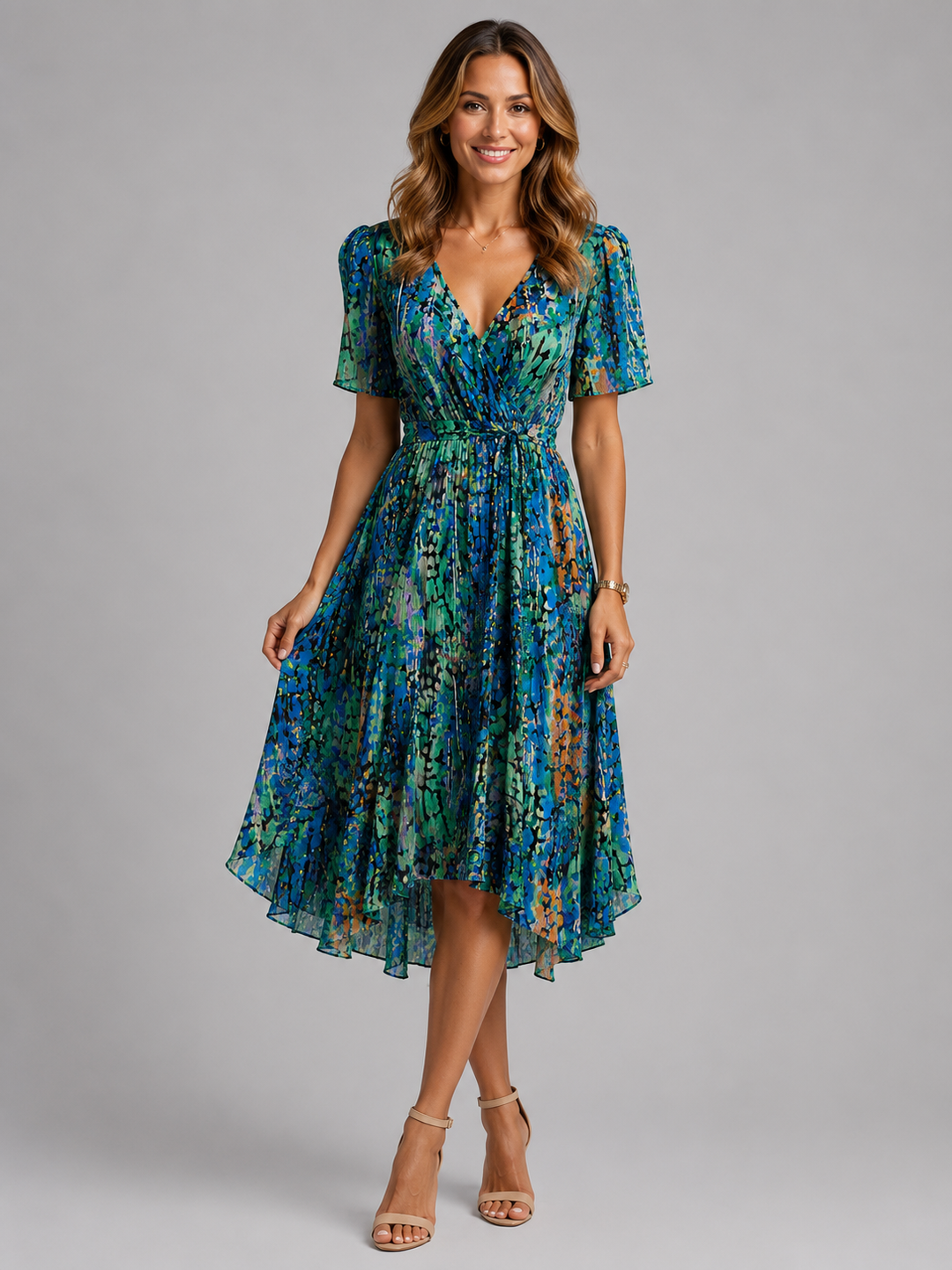 Short Sleeve V-Neck Midi Dress for Women – Vibrant All-Over Print, Defined Waist, Flowy Skirt