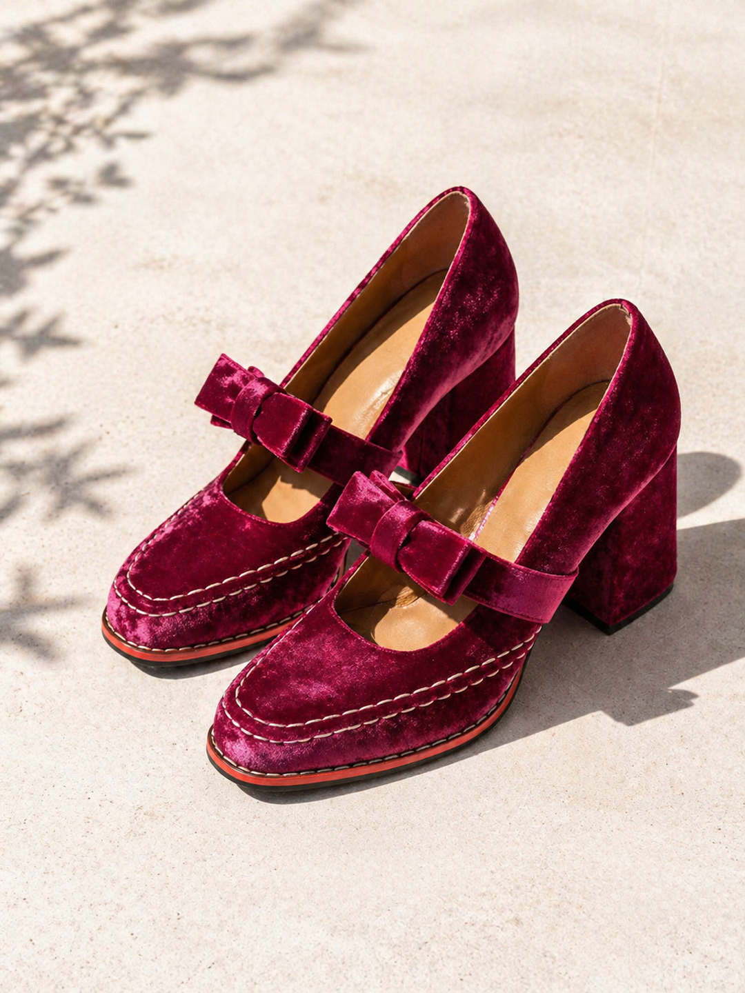 Velvet Block Heel Mary Jane Pumps for Women – Bow Detail, Cushioned Insole