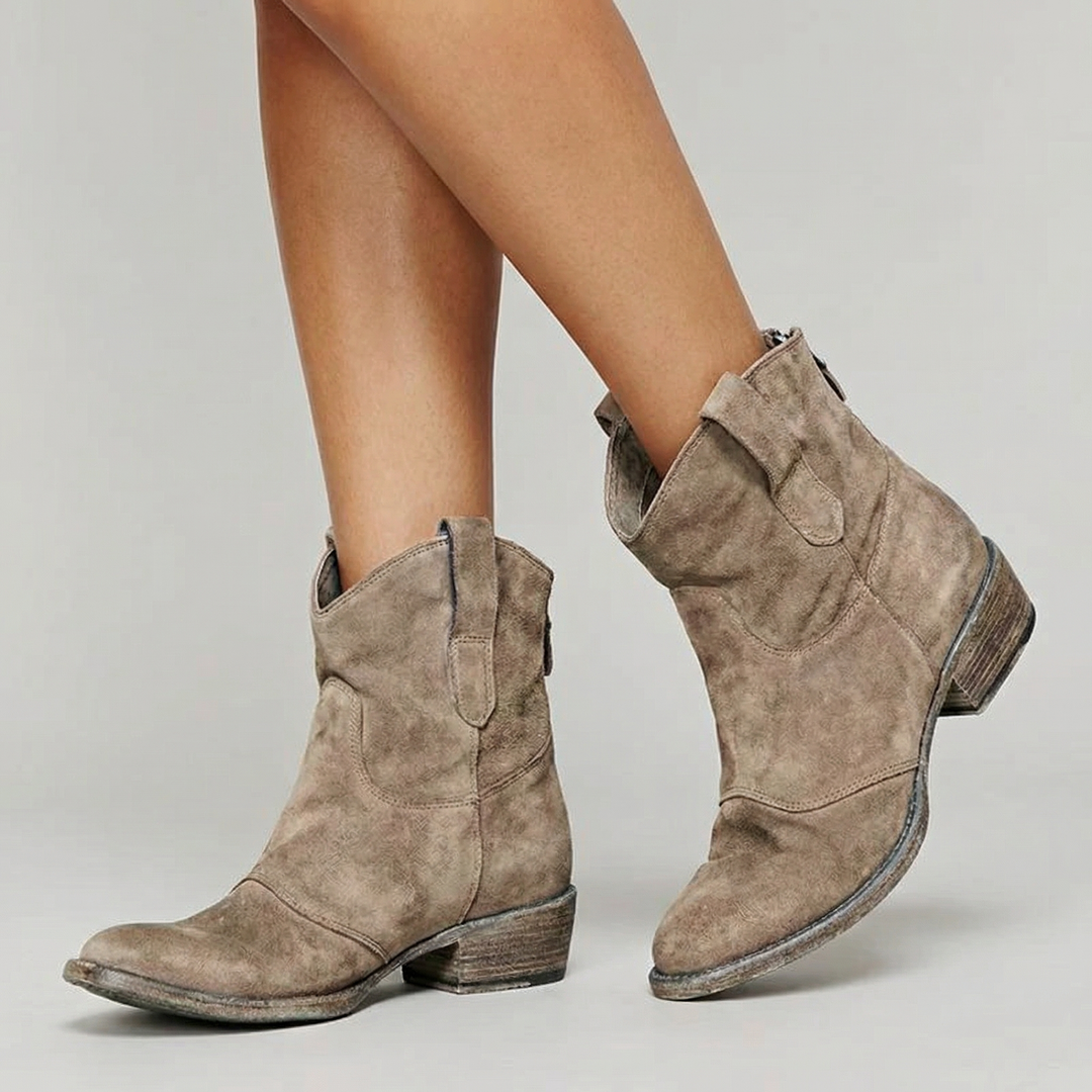 Faux Leather Western Ankle Boots for Women – Distinctive Silhouette, Comfortable Fit