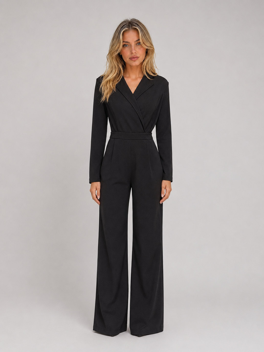 Tailored Wide-Leg Jumpsuit for Women – Wrap Front, Lapel Collar, Matching Belt