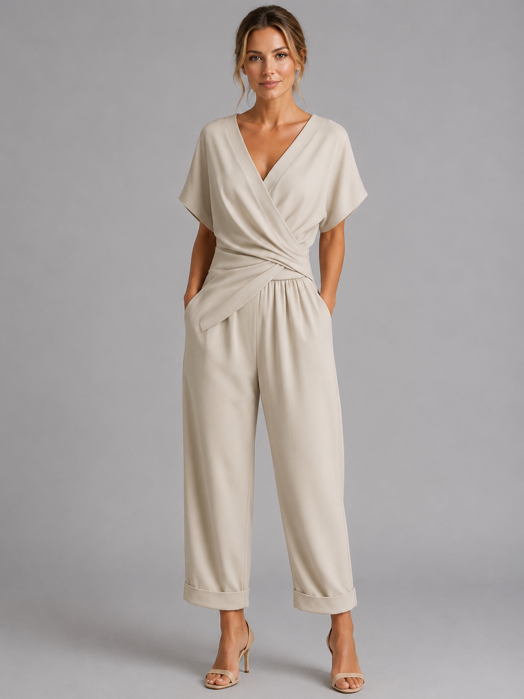 Wrap-Front Top and Relaxed Cropped Pants Set for Women – Lightweight Two-Piece