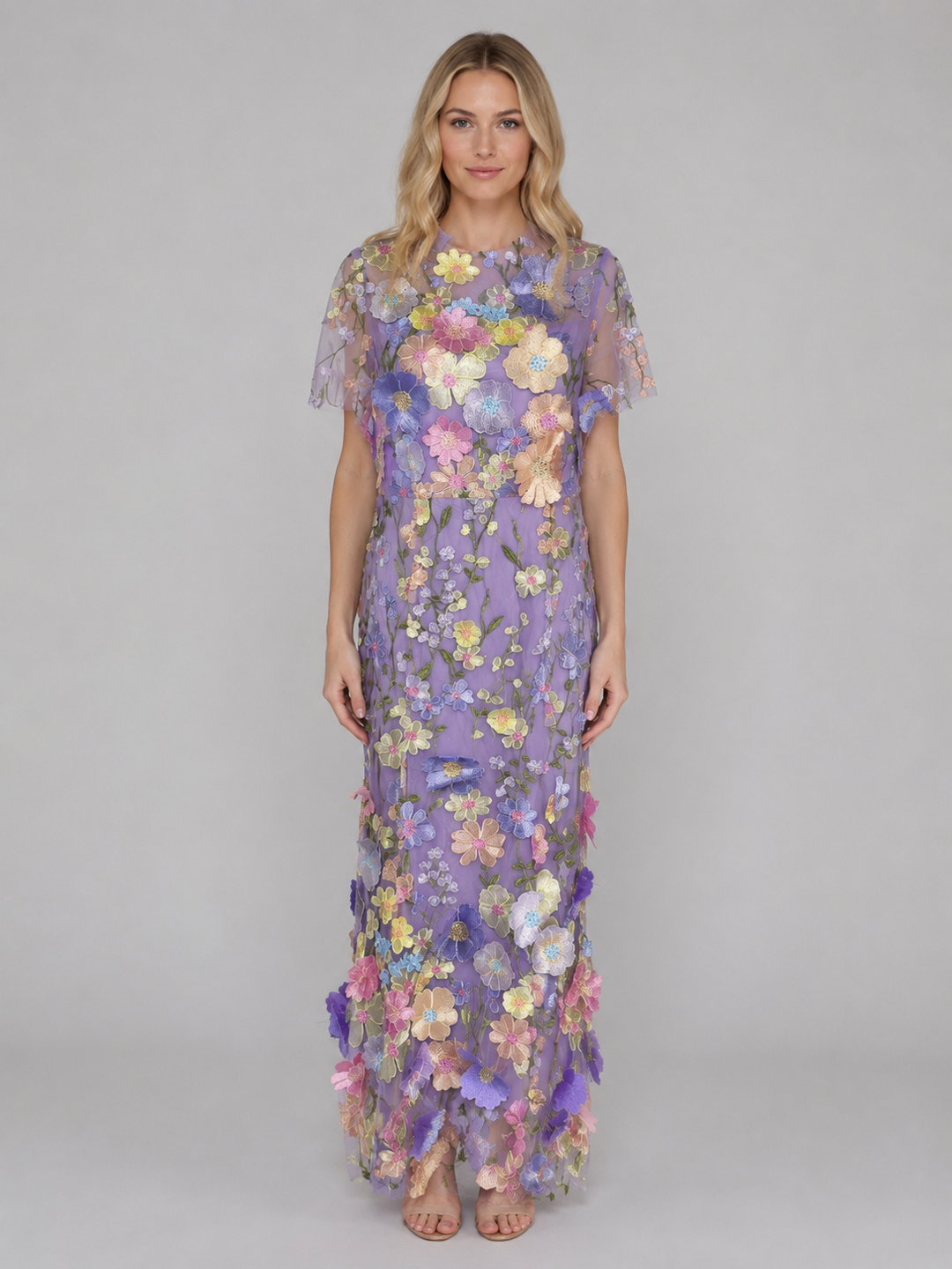3D Floral Embroidered Tulle Maxi Dress for Women – High Round Neck, Sheer Sleeves in Purple