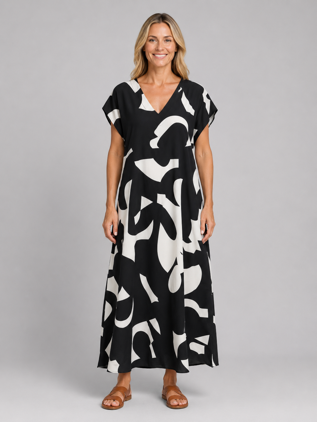 Abstract Print V-Neck Maxi Dress for Women – Short Sleeves, Relaxed Flowing Fit