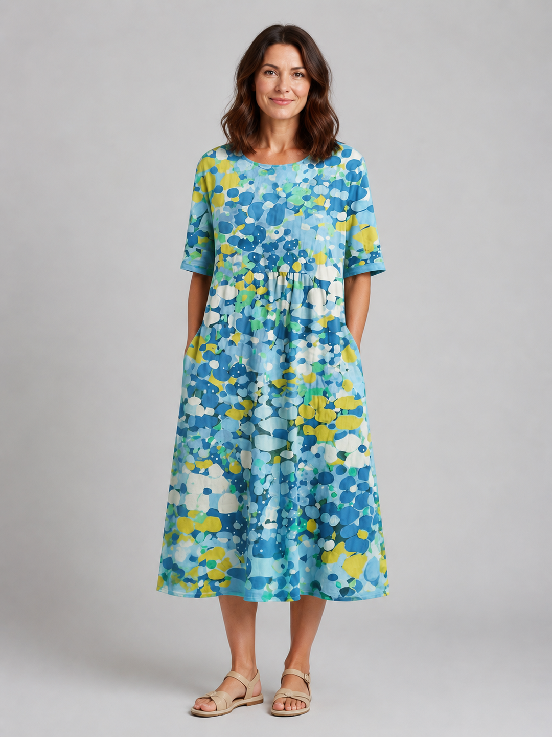 Abstract Print Midi Dress for Women – Short Sleeves, Gathered Waist, Side Pockets in Light Blue