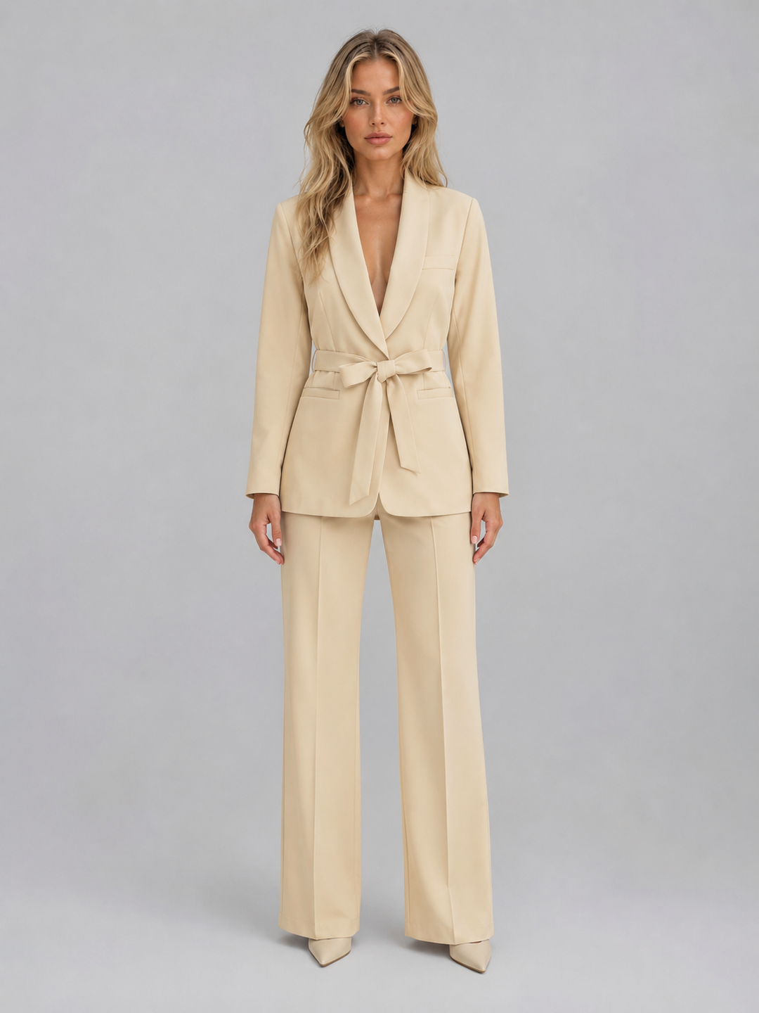 Shawl Collar Blazer and High-Waisted Pants Set for Women – Self-Tie Belt, Side Pockets