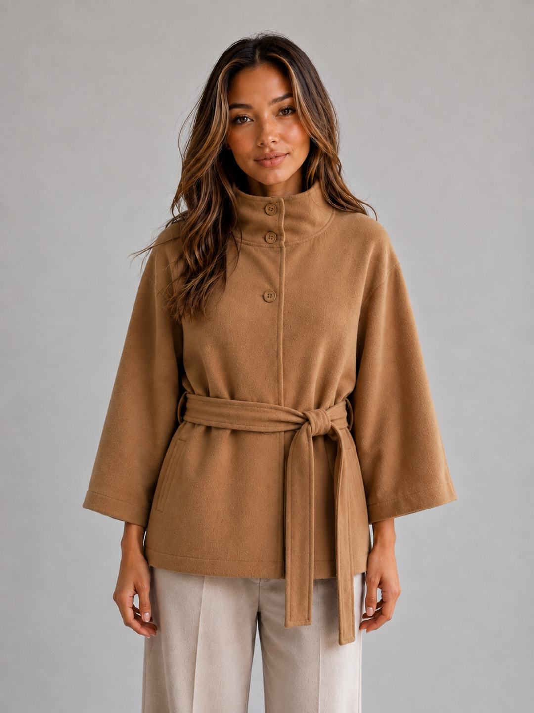 Cape Sleeve Wrap Jacket for Women – Stand Collar, Tie Waist Belt