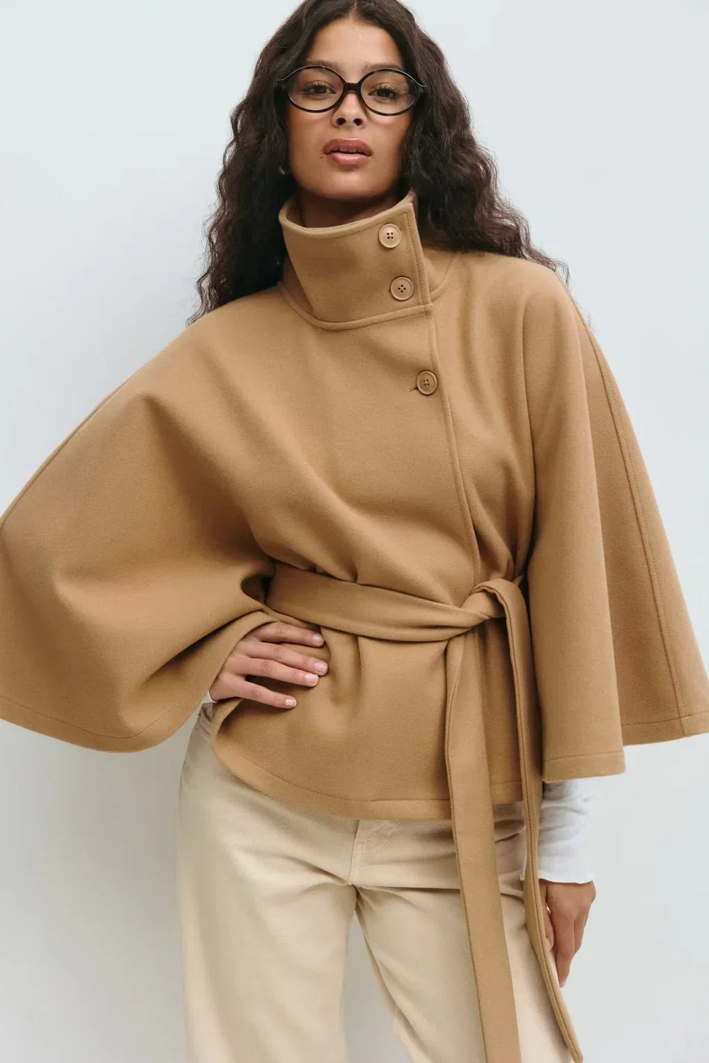 Belted Oversized Cape Coat for Women – High Neckline, Relaxed Fit