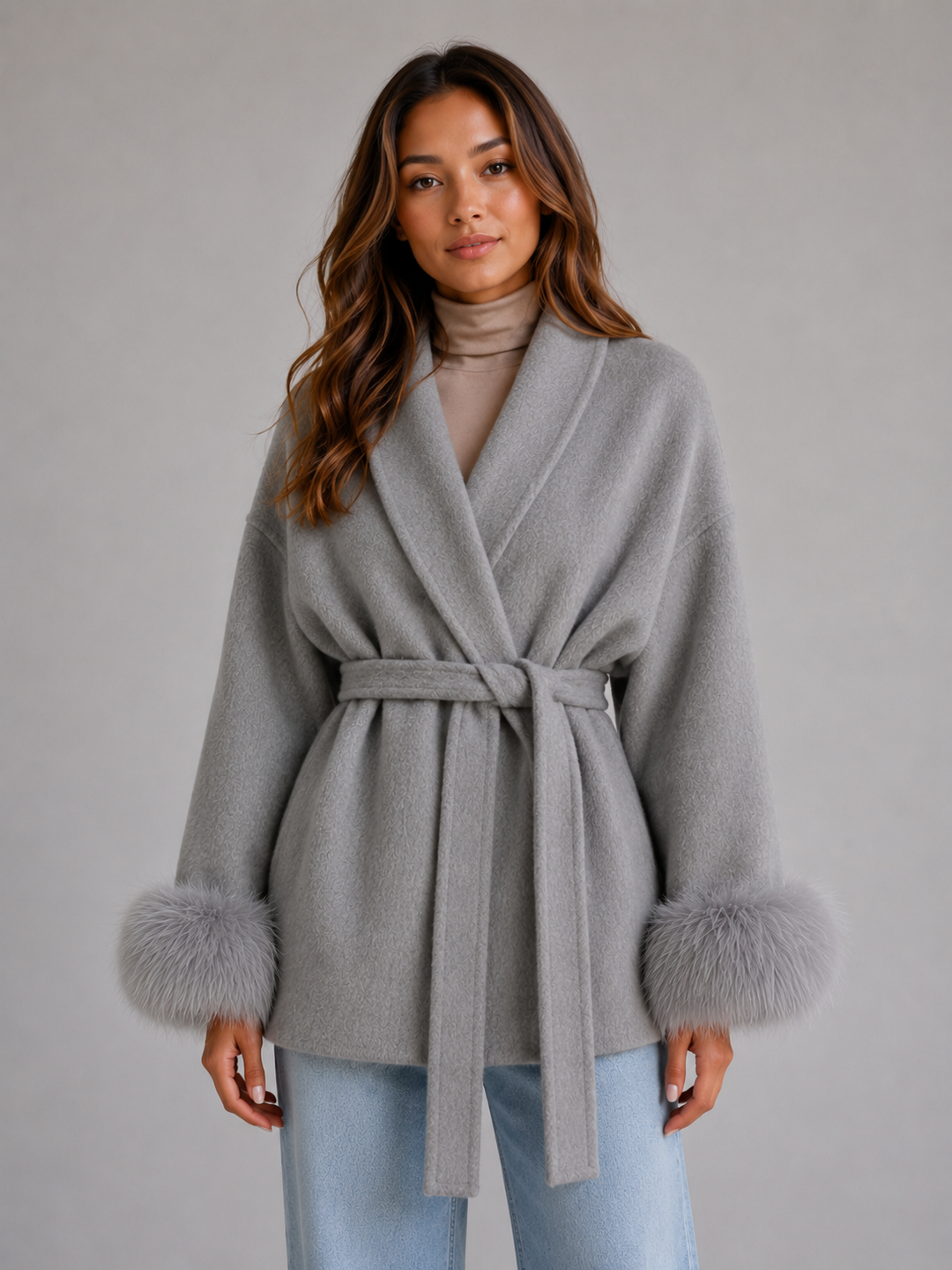 Belted Wool-Blend Wrap Coat for Women – Shawl Collar, Detachable Faux Fur Cuffs