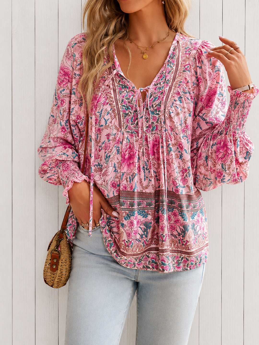 Bohemian Spring Blouse for Women –, Collar and Placket Detail