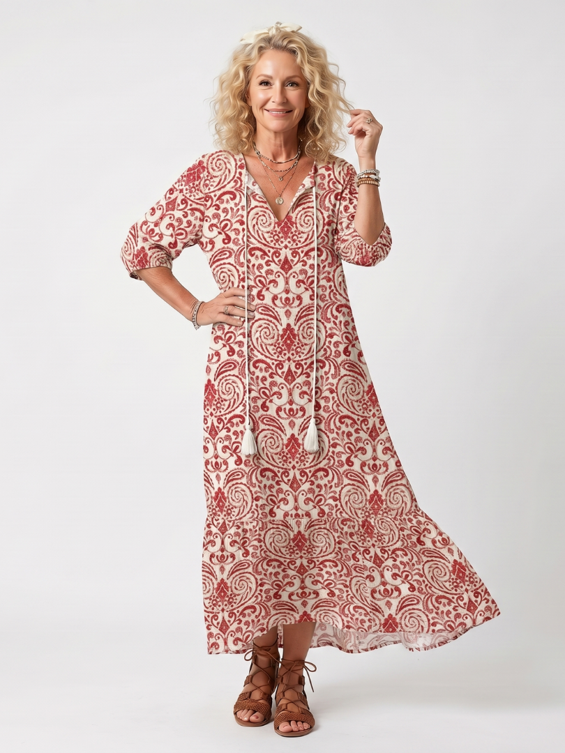 Bohemian Print Midi Dress for Women – Skimming Silhouette, Day-to-Evening Wear in Red