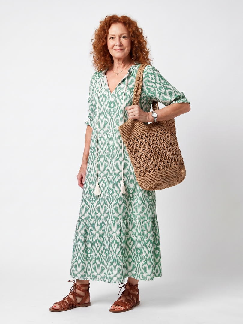 Bohemian Summer Midi Dress for Women – Relaxed Fit, Breathable Fabric in Green
