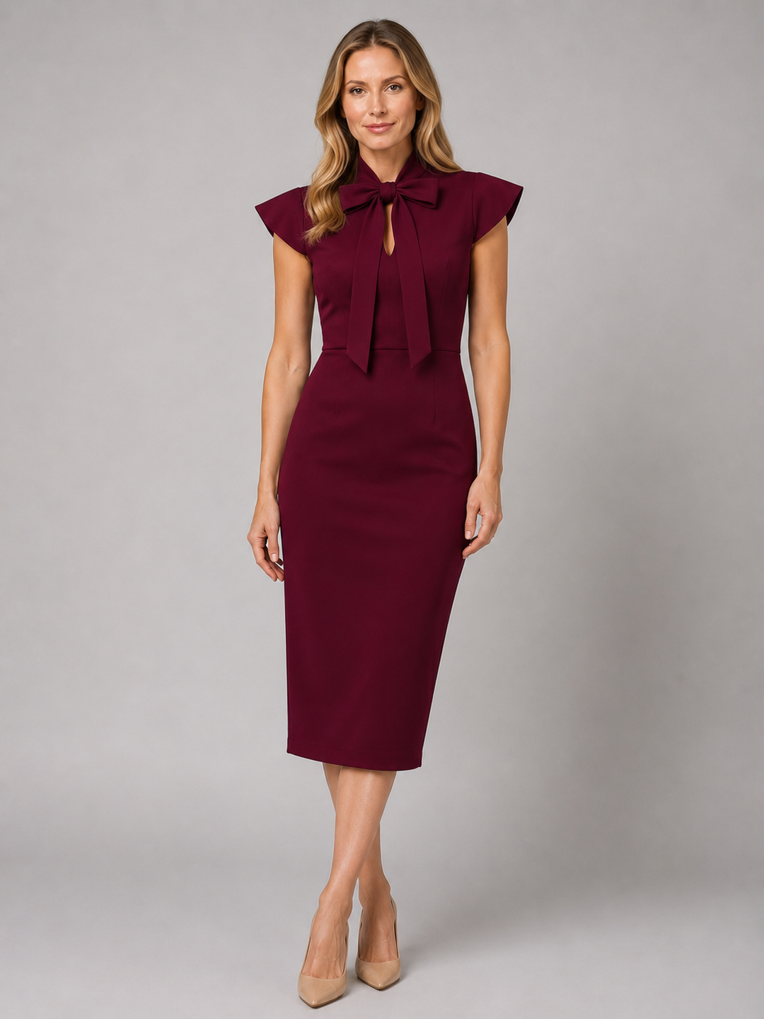 Tie-Neck Fitted Midi Dress for Women – Stand Collar Bow, Cap Sleeves, Side Zip