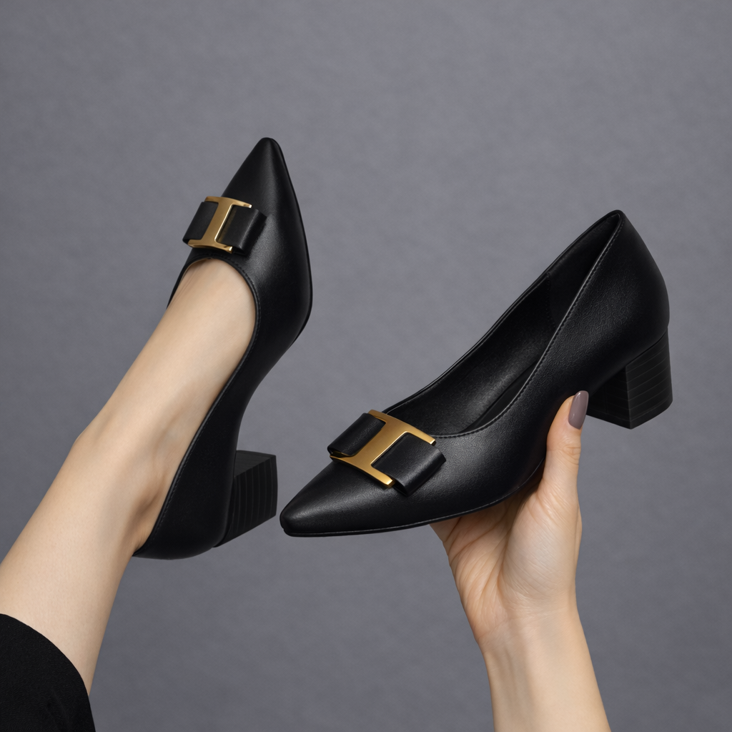 Buckle Square Toe Pumps for Women – Faux Leather, Stable Heel, Smooth Lining
