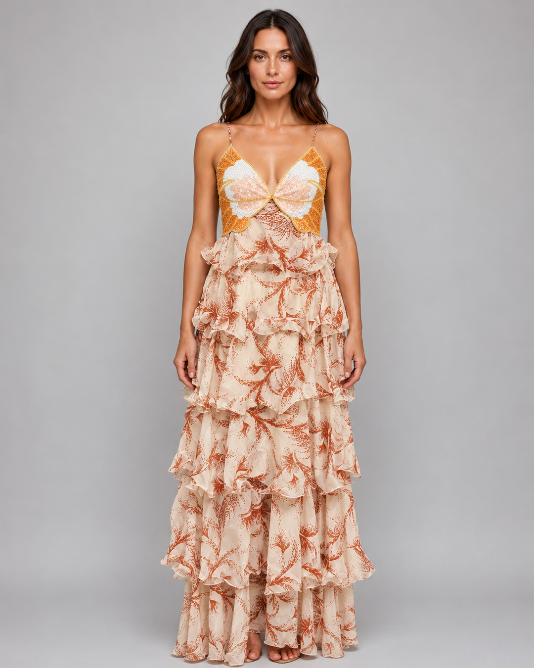 Butterfly Bodice Maxi Dress for Women – Tiered Ruffle Skirt, Open Back, Thigh-High Split