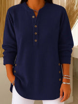 Women's Crewneck Ribbed Oversized Button-Front Sweater in Dark Blue, on model