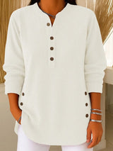 Women's Crewneck Ribbed Oversized Button-Front Sweater in White, on model