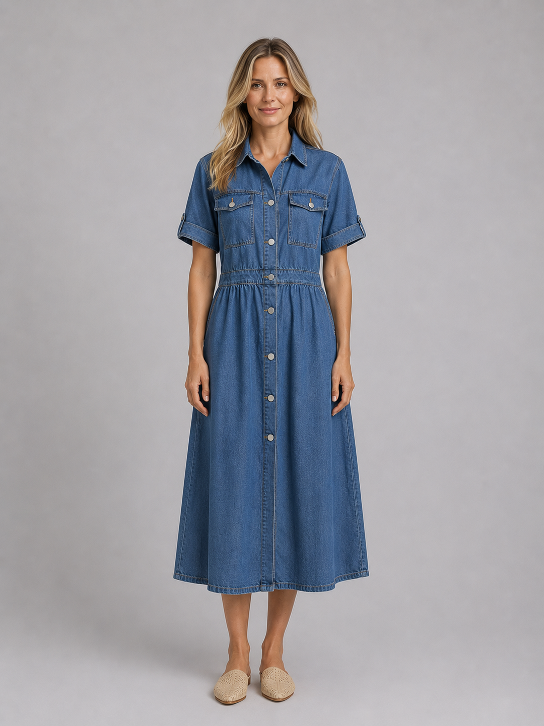 Denim Shirt Midi Dress for Women – Button Front, Flap Pockets, Rolled Sleeves in Denim Blue