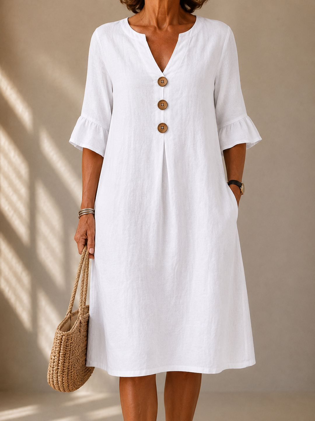 Button-Front Dress for Women – Side Pockets, Breathable Lightweight Fabric, Skimming Shape
