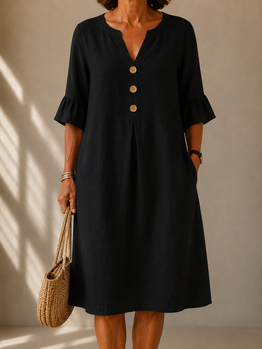 Flowing Ruffle Button-Down Dress for Women – Relaxed Fit, Side Pockets